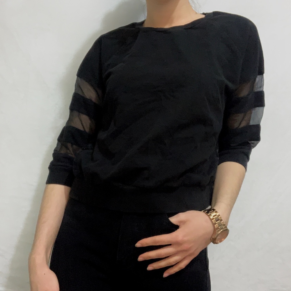 Zara Black Mesh Crew Neck Sweater ~ Fits like a S